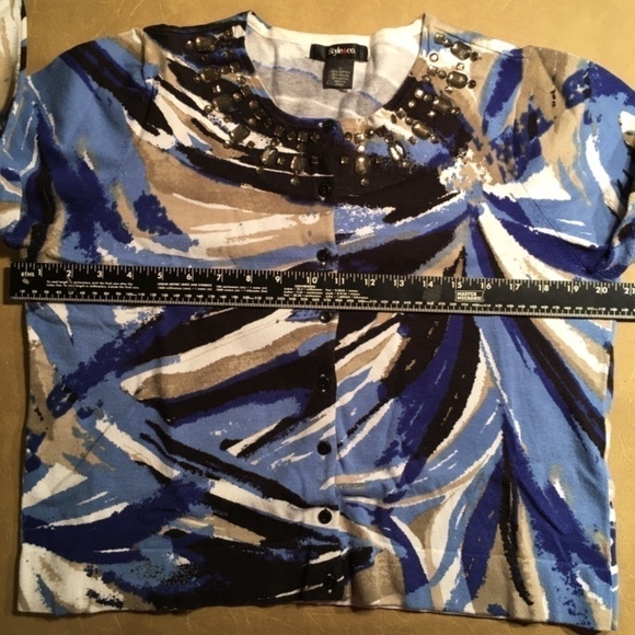 STYLE & CO. Spring Summer Cardigan, JEWELED, Blue/Black/Tan, 3/4 Sleeve, Size L - Picture 4 of 9